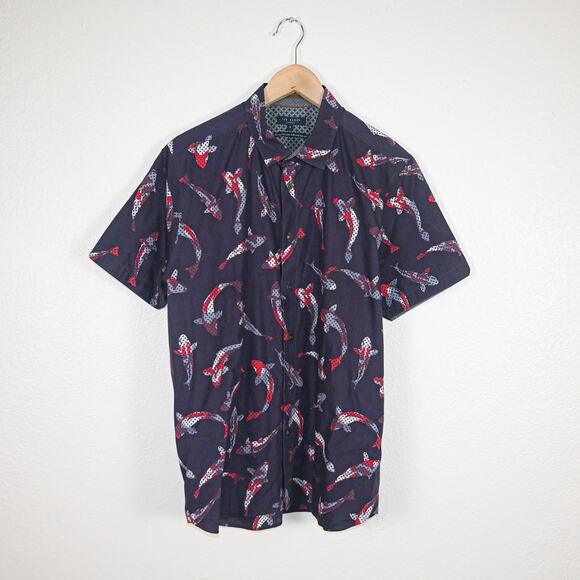 TED BAKER Men's Button up Shirt Koi Fish Print Short Sleeve Cotton size 5 - Picture 1 of 6